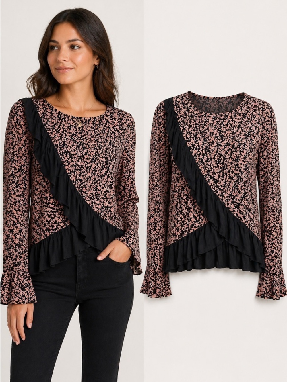 Abound | Floral Ruffle Top | Black Pink | Long Sleeve | Modal | Size M